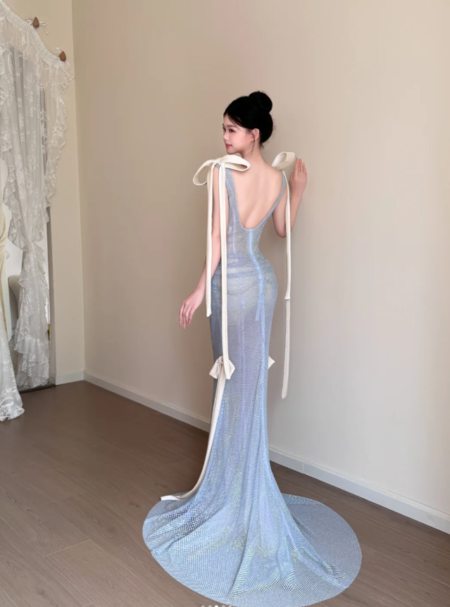 Elegant Mermaid Blue Long Prom Dresses V-neck Blue Birthday Dresses Tulle Sleeveless Evening Dresses ED05463