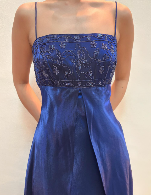 Glam Sheath Navy Blue Long Prom Dresses Spaghetti Straps Navy Blue Formal Dresses Beaded Satin Sleeveless Evening Dresses  ED05473
