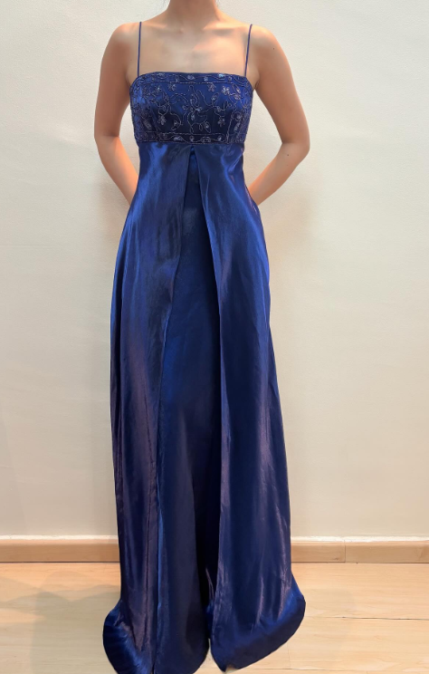 Glam Sheath Navy Blue Long Prom Dresses Spaghetti Straps Navy Blue Formal Dresses Beaded Satin Sleeveless Evening Dresses  ED05473