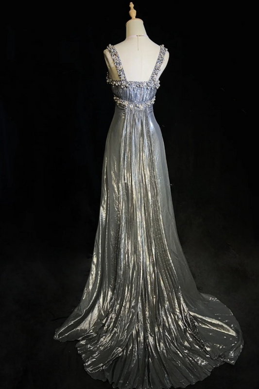 Chic A-Line Silver Grey Long Prom Dresses Straps Silver Grey Formal Dresses Beaded Satin Evening Dresses  ED05476