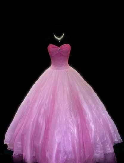 Fairy A-Line Pink Long Prom Dresses Sweetheart Pink Formal Dresses Tulle Sleeveless Evening Dresses   ED05477