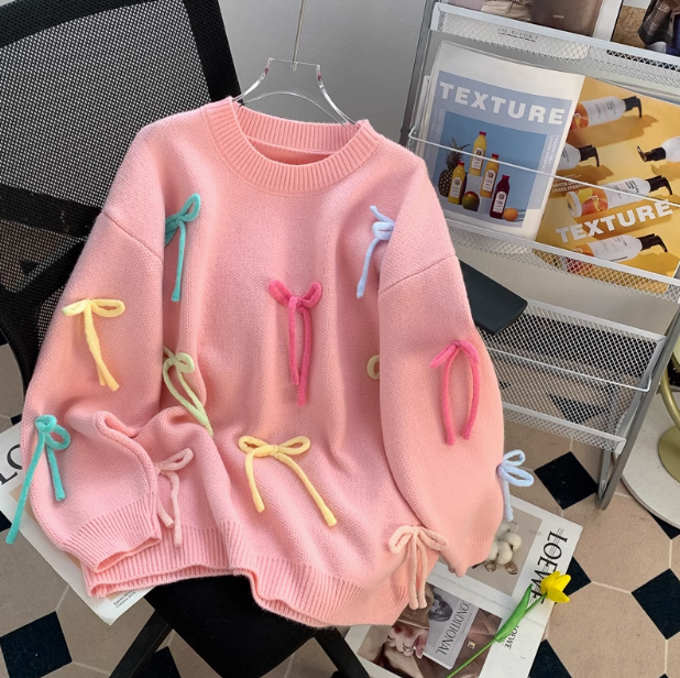 Sweet Bow Round Neck Pullover Knitted Sweater ED0908