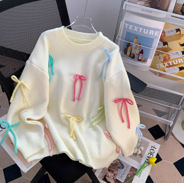 Sweet Bow Round Neck Pullover Knitted Sweater ED0908