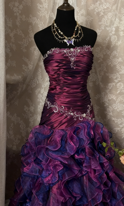 Vintage Sheath Grape Long Prom Dresses Tiered Tulle Strapless Quinceanera Dresses Sweet 16 Dresses ED05490