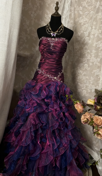Vintage Sheath Grape Long Prom Dresses Tiered Tulle Strapless Quinceanera Dresses Sweet 16 Dresses ED05490