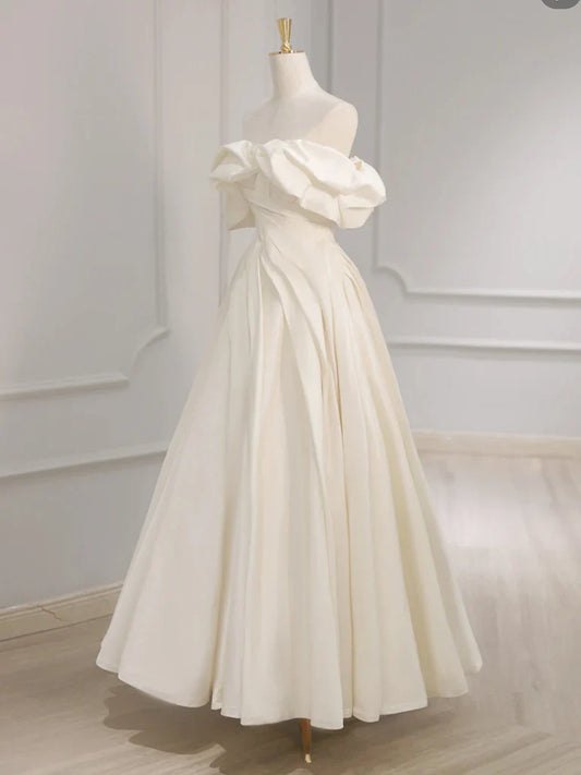 Off Shoulder A-Line Satin Beige Long Prom Dress, Beige Long Formal Dress ED055