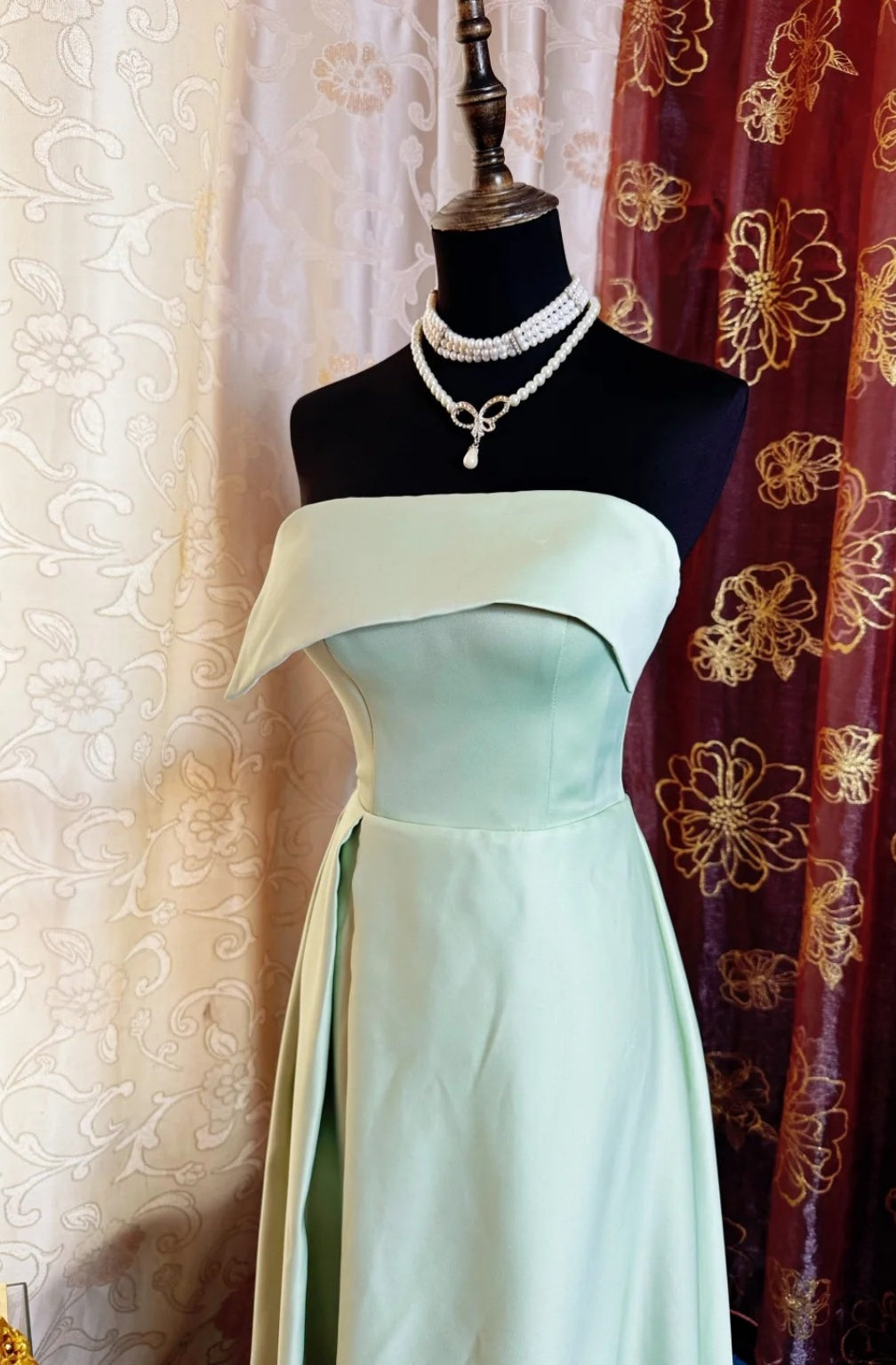 Simple Sheath Strapless Long Evening Dresses Satin Green  Bridesmaid Dresses ED05521
