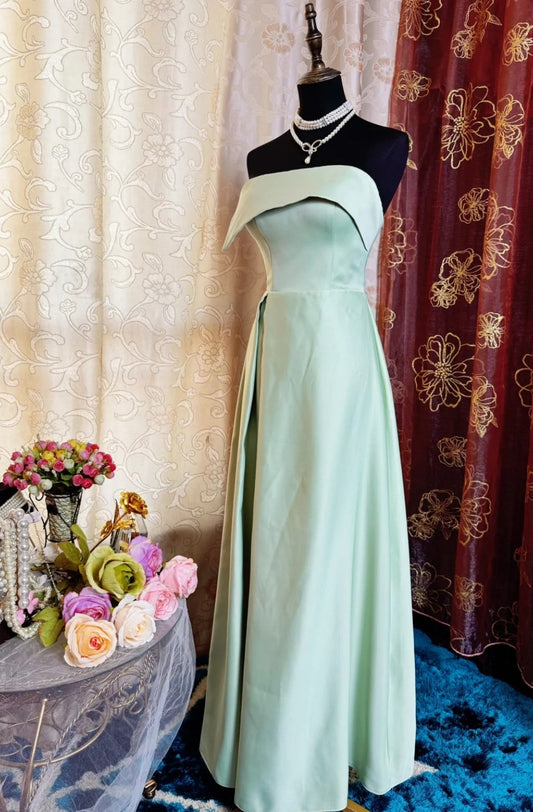 Simple Sheath Strapless Long Evening Dresses Satin Green  Bridesmaid Dresses ED05521