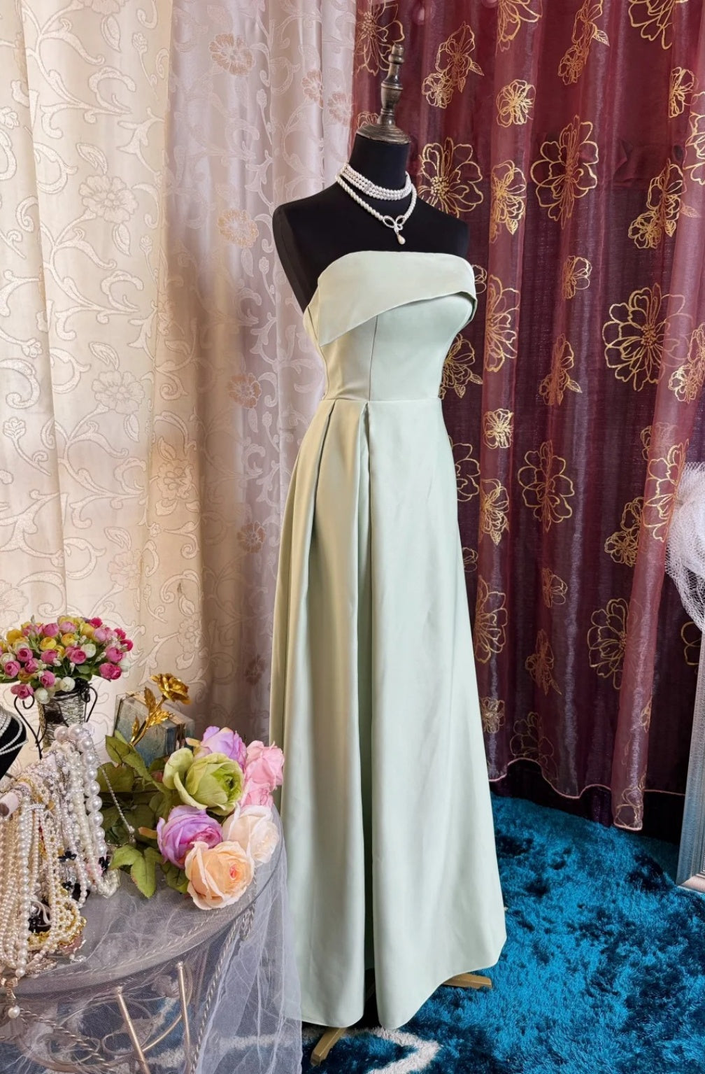 Simple Sheath Strapless Long Evening Dresses Satin Green  Bridesmaid Dresses ED05521