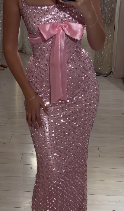 Glam Pink Sheath Long Prom Dresses  Diamonds Satin Sleeveless Pink Evening Dresses ED05529