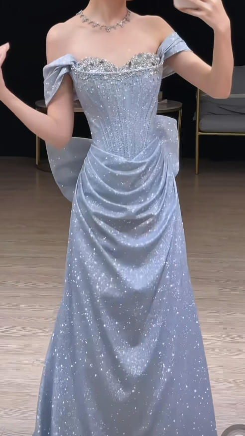 Glitter Off-shoulder A-Line  Long Prom Dresses Satin Blue Evening Dresses Sleeveless Party Dresses ED05534