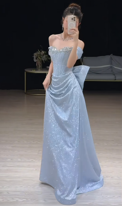 Glitter Off-shoulder A-Line  Long Prom Dresses Satin Blue Evening Dresses Sleeveless Party Dresses ED05534