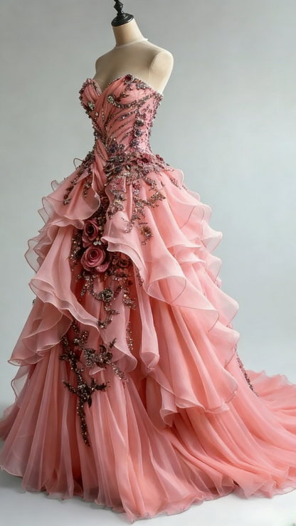 Gorgeous Sweetheart  Long Peach Prom Dresses Tulle Appliques A-Line Birthday Dresses Sleeveless Evening Gowns ED05540