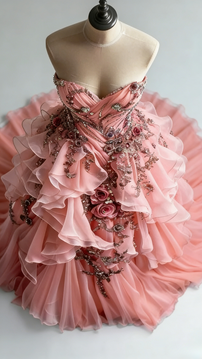 Gorgeous Sweetheart  Long Peach Prom Dresses Tulle Appliques A-Line Birthday Dresses Sleeveless Evening Gowns ED05540