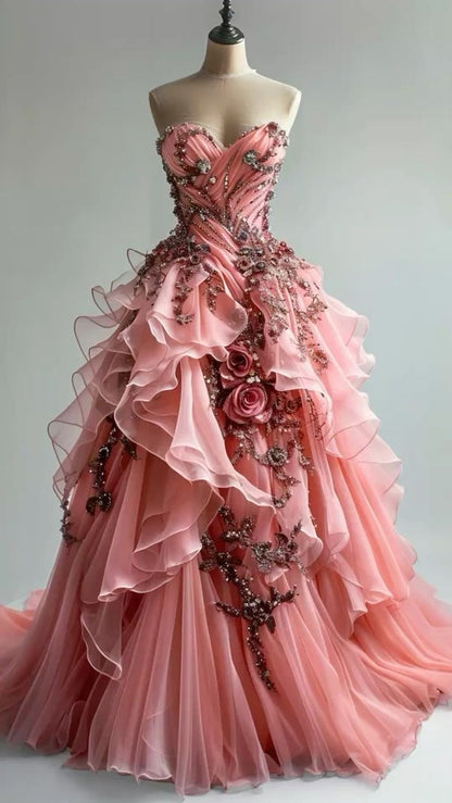 Gorgeous Sweetheart  Long Peach Prom Dresses Tulle Appliques A-Line Birthday Dresses Sleeveless Evening Gowns ED05540