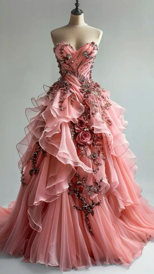 Gorgeous Sweetheart  Long Peach Prom Dresses Tulle Appliques A-Line Birthday Dresses Sleeveless Evening Gowns ED05540