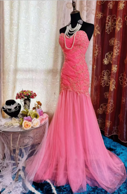 Gorgeous Sweetheart Mermaid Long Prom Dresses Tulle Applique  Pink Evening Gowns Sleeveless Birthday Dresses ED05547