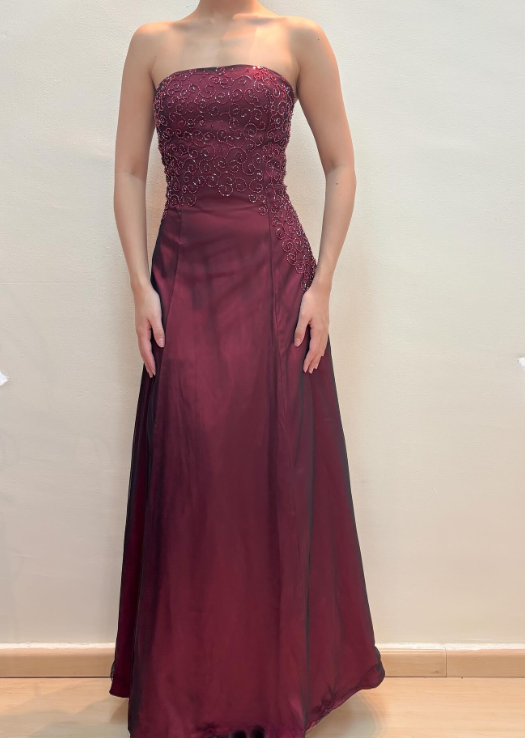 Vintage Spaghetti Straps A-Line Long Prom Dresses Tulle Beaded Burgundy Evening Gowns   ED05549