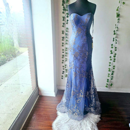 Glam Strapless Sheath Long Prom Dresses Glitter Tulle  Blue Evening Gowns Sleeveless Birthday Dresses ED05555