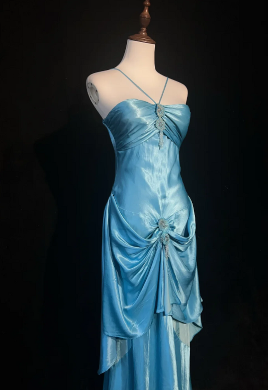 Chic Halter Sheath Short  Prom Dresses Satin Blue Evening Gowns Sleeveless Formal Dresses ED05577