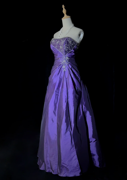 Chic  Strapless Sheath Long  Prom Dresses Applique Satin Purple Evening Gowns Sleeveless Formal Dresses ED05578