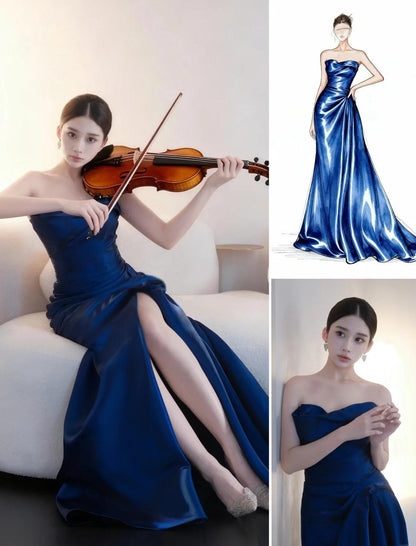 Glam Strapless Sheath Long Prom Dresses Satin Navy Blue Evening Gowns Sleeveless Formal Dresses  ED05588