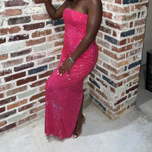 Sexy Strapless Sheath Long Prom Dresses, Chiffon Diamonds Hot Pink Evening Gowns ED05599
