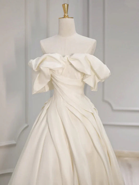Off Shoulder A-Line Satin Beige Long Prom Dress, Beige Long Formal Dress ED055