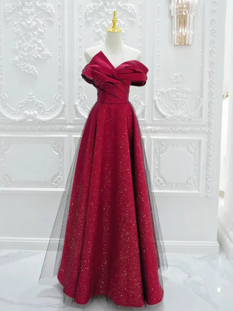 Off Shoulder Satin Tulle Burgundy Long Prom Dress HZ1024