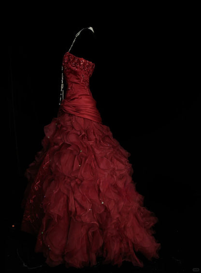 Fairy Strapless Ball Gown Long Prom Dresses, Tulle Burgundy Birthday Dresses  Sleeveless Sweet 16 Dresses ED05610