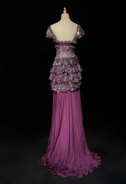 Gorgeous Sheath Long Prom Dresses Sequins Chiffon Purple Evening Dresses Short Sleeves Purple Birthday Dresses ED05629