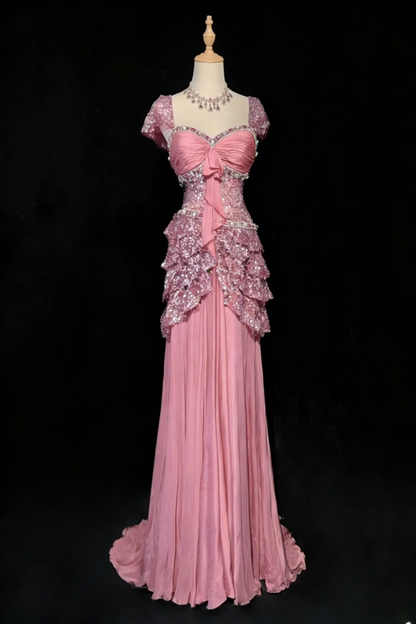 Gorgeous Sheath Long Prom Dresses Sequins Chiffon Purple Evening Dresses Short Sleeves Purple Birthday Dresses ED05629