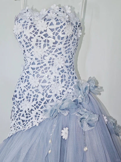 Gorgeous Strapless A-Line Long Prom Dresses Appliques Tulle Blue Evening Dresses Sleeveless Blue Birthday Dresses ED05630