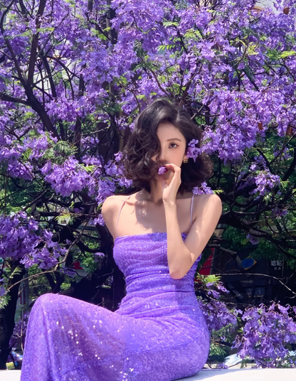 Sexy Spaghetti Straps Sheath Long Prom Dresses Sequins Purple  Evening Dresses Sleeveless Purple  Birthday Dresses  ED05637