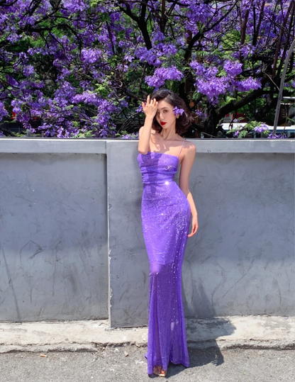 Sexy Spaghetti Straps Sheath Long Prom Dresses Sequins Purple  Evening Dresses Sleeveless Purple  Birthday Dresses  ED05637