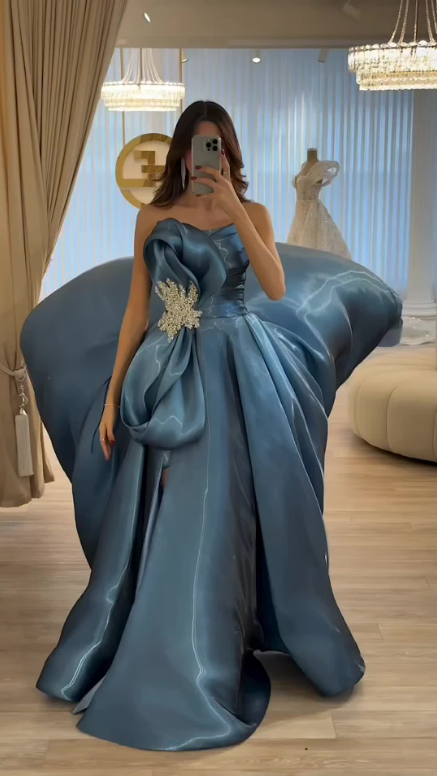 Glam Strapless A-line Long Prom Dresses  Beaded Satin Teal Evening Dresses Satin Sleeveless Teal Christmas Dresses  ED05641
