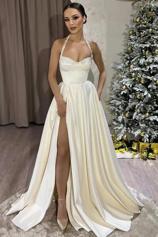 Chic Halter A-Line Long Prom Dresses Beaded Satin Sleeveless Pink Formal Dresses ED05655