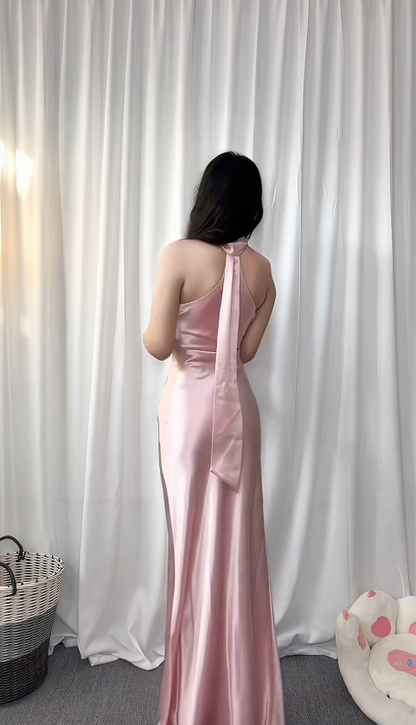 Chic Halter Sheath Long Prom Dresses Satin Pink Wedding  Guest Dresses Pink Bridesmaid Dresses ED05658
