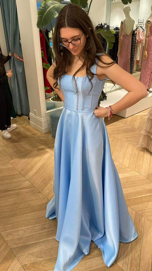Elegant Straps A-line Long Prom Dresses Satin Blue Wedding Guest Dresses ED05663