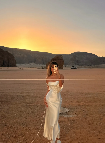Elegant Off-shoulder Sheath Long Prom Dresses Satin White Evening Dresses with Open Back ED05664
