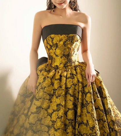 A-Line Yellow Satin Lace Long Prom Dress, Yellow Long Evening Dress ED0567
