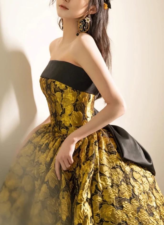 A-Line Yellow Satin Lace Long Prom Dress, Yellow Long Evening Dress ED0567