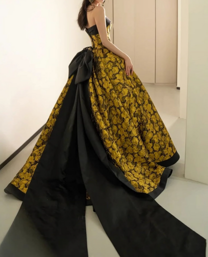 A-Line Yellow Satin Lace Long Prom Dress, Yellow Long Evening Dress ED0567