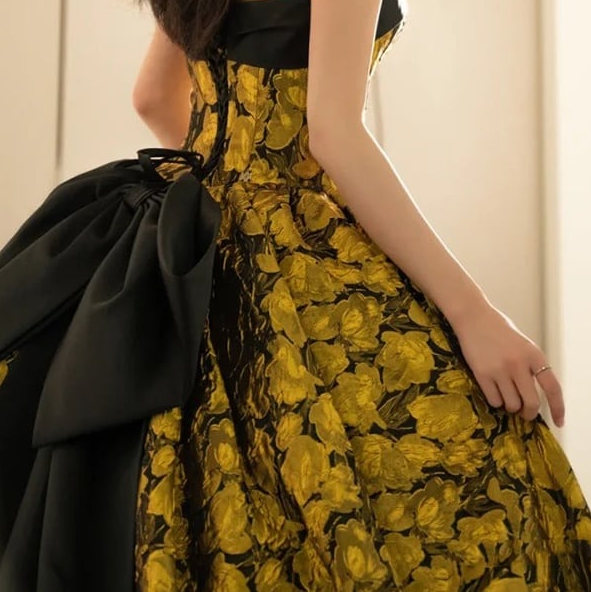 A-Line Yellow Satin Lace Long Prom Dress, Yellow Long Evening Dress ED0567