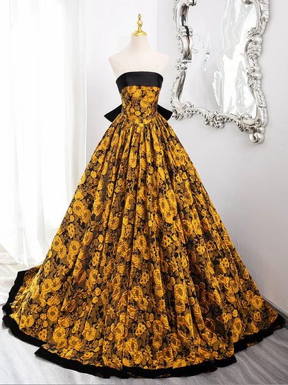 Yellow Satin Lace Long Prom Dress, Yellow Long Evening Dress HZ1024