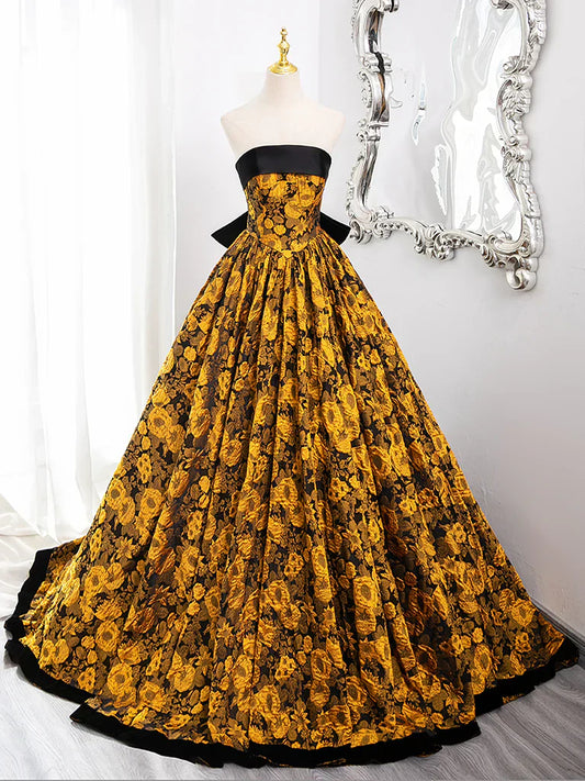Yellow Satin Lace Long Prom Dress, Yellow Long Evening Dress HZ1024