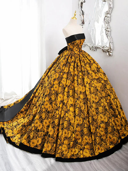 Yellow Satin Lace Long Prom Dress, Yellow Long Evening Dress HZ1024