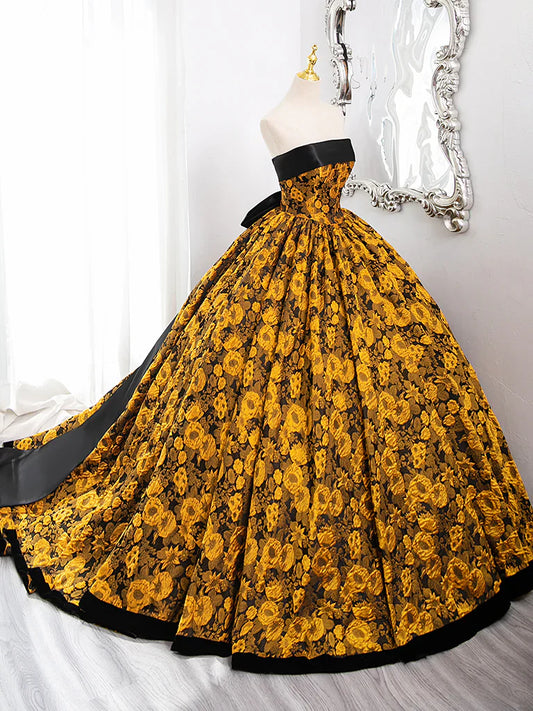 A-Line Yellow Satin Lace Long Prom Dress, Yellow Long Evening Dress ED0567