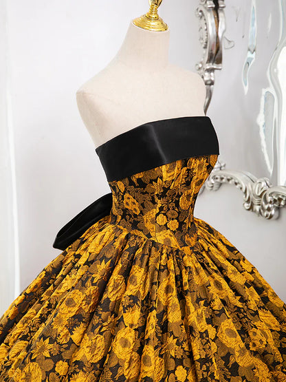 Yellow Satin Lace Long Prom Dress, Yellow Long Evening Dress HZ1024