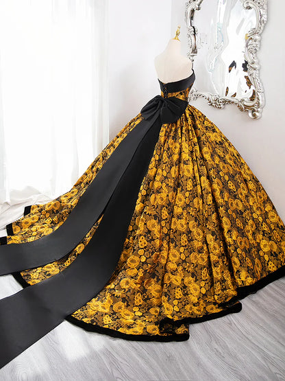 A-Line Yellow Satin Lace Long Prom Dress, Yellow Long Evening Dress ED0567